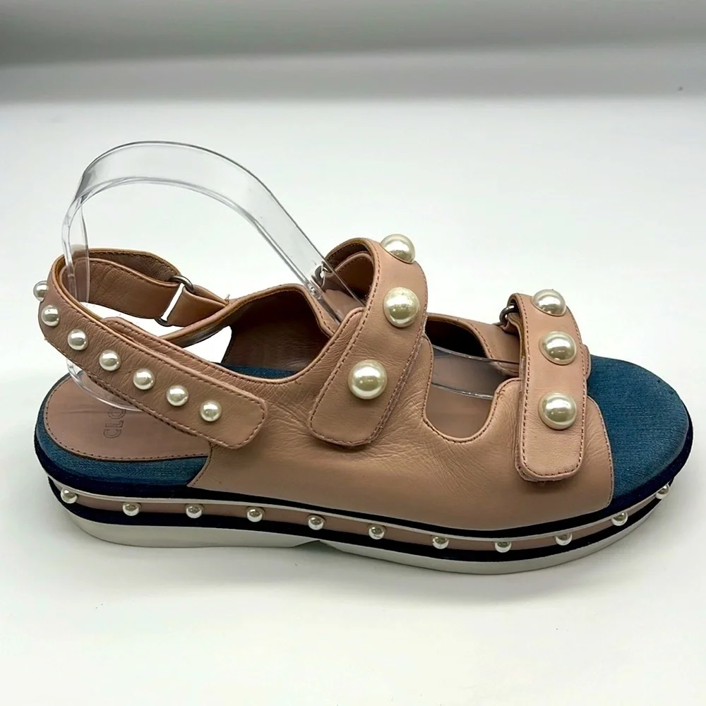 Clone - Diamond Nappa Pink Leather Platform Strap Stud Pearl Sandal Size 41